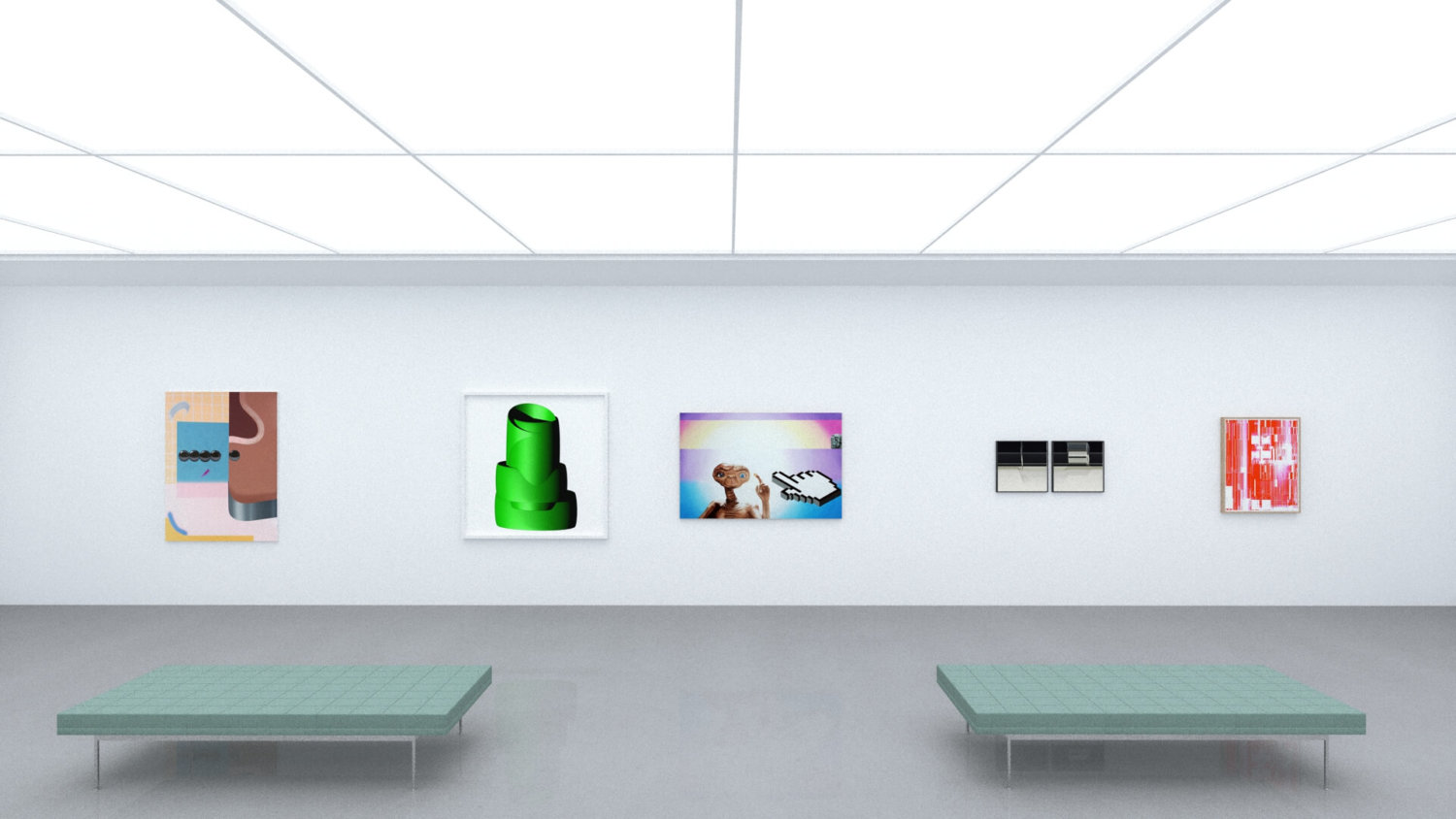 Fünf Kunstwerke hängen in einem digitalen White Cube.