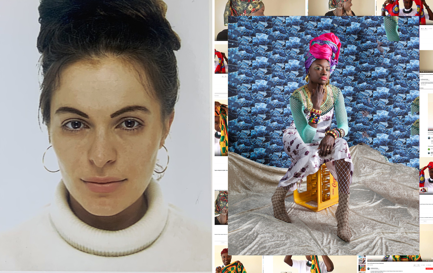 Links: Passfoto der Künstlerin Anna Ehrenstein. Rechts: Eine Foto-Arbeit von Anna Ehrenstein zeigt eine Frau in bunter Kleidung auf einem Getränkekasten sitzend.