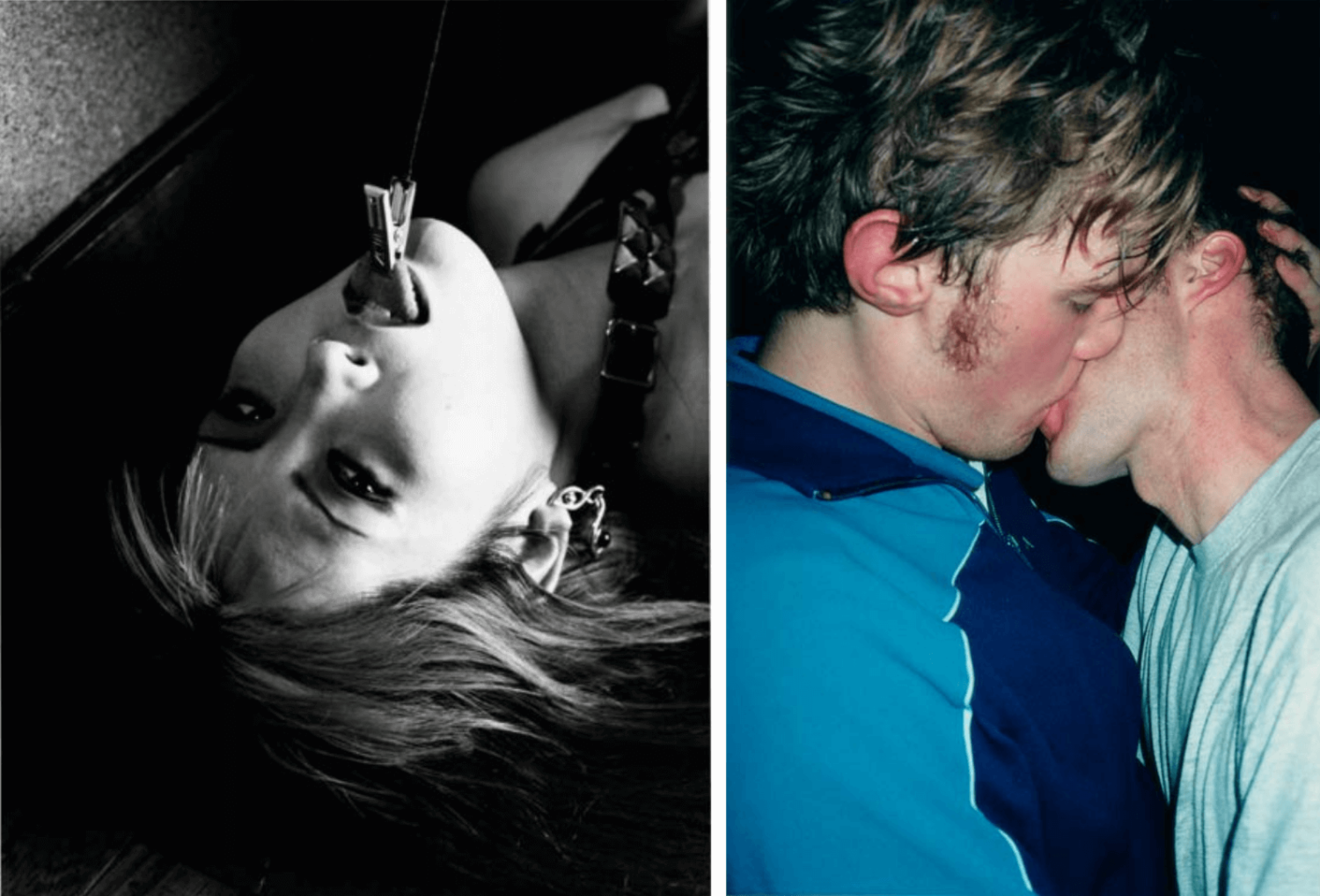 Zwei Fotografien: links eine Schwarz-Weiß-Fotografie von Araki mit einer Frau, die eine Klammer an der Zunge hat und links ein Foto von Wolfgang Tillmans, wo sich zwei Männer küssen