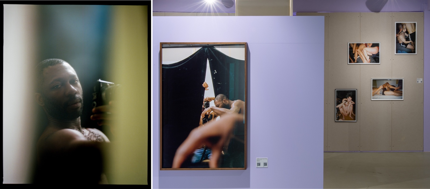 Links: Porträtfoto eines Schwarzen Mannes mit Kamera in der Hand. Rechts: Mehrere Fotografien zeigen verschlungene, leicht bekleidete Körper.