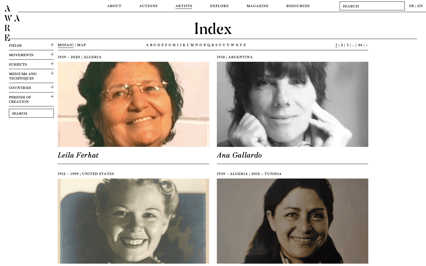 Das Bild zeigt einen Screenshot der Webseite der Organisation AWARE:Archives of Women Artists, Research and Exhibitions.