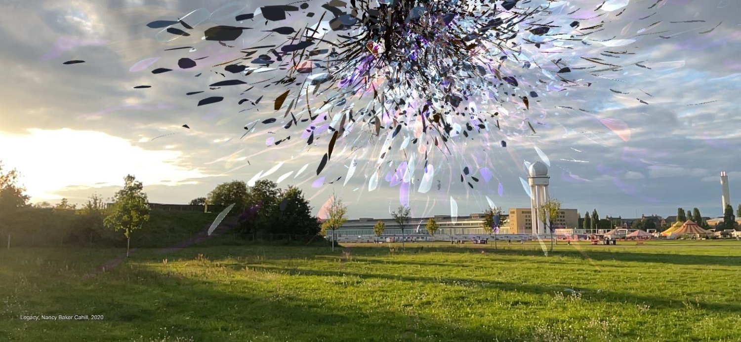Eine AR-Animation eines abstrahierten Baumes, der sich verdreht, zusammenfällt und wieder zusammenwächst auf dem Tempelhofer Feld in Berlin