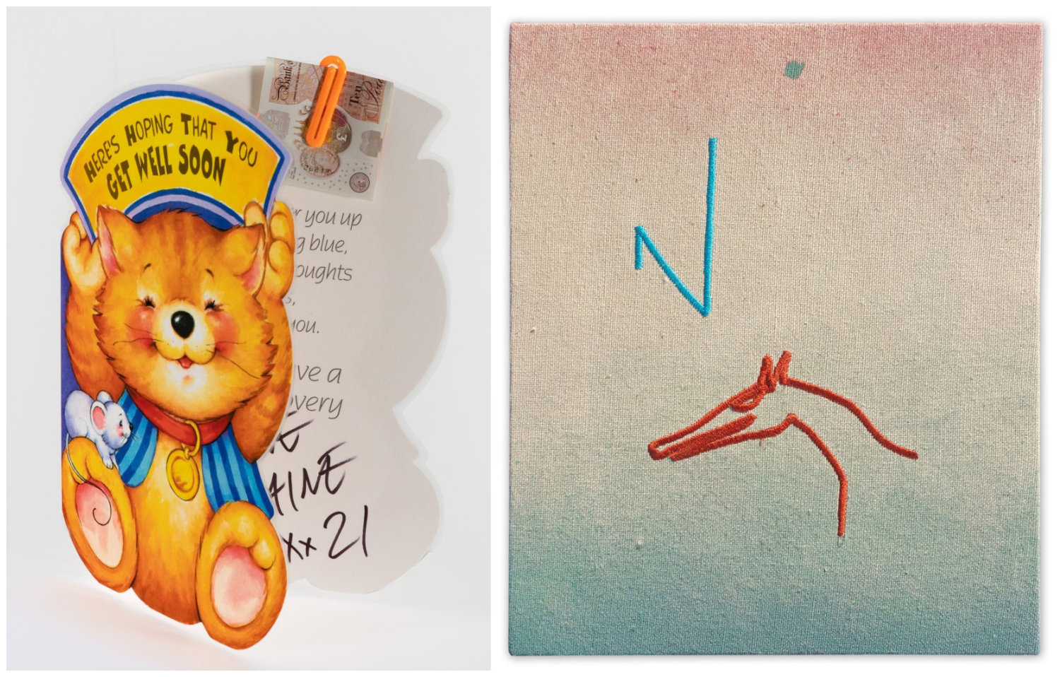 Links eine Grußkarte mit Katze, die ein Schild mit der Aufschrift "Here's Hoping That You Get Well Soon" trägt. Rechts eine bestickte Leinwandarbeit von Niko Abramidis.