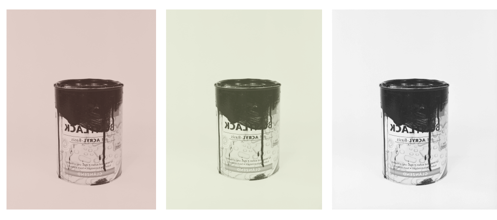 Drei Fotografien zeigen jeweils den gleichen schwarzen Farbeimer. Sie sind in verschiedenen Pastellfarben getönt.