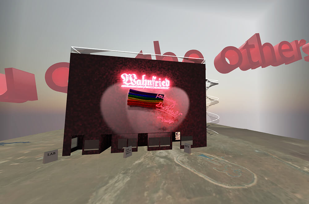Ansicht der Online-Ausstellung "Wahnfried", man sieht in roter Leuchtschrift das Wort "Wahnfried", im Hintergrund fliegen große, ebenfalls rote, Worte umher