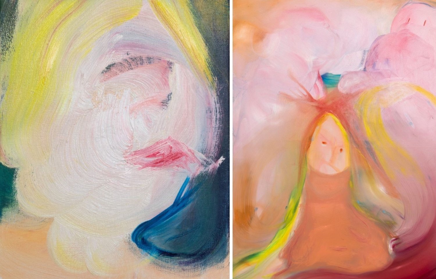 Farbenfrohe Bildkompositionen von Aneta Kajzer mit figürlichen Elementen, wie Gesichtern, Haaren, Augen und Mund