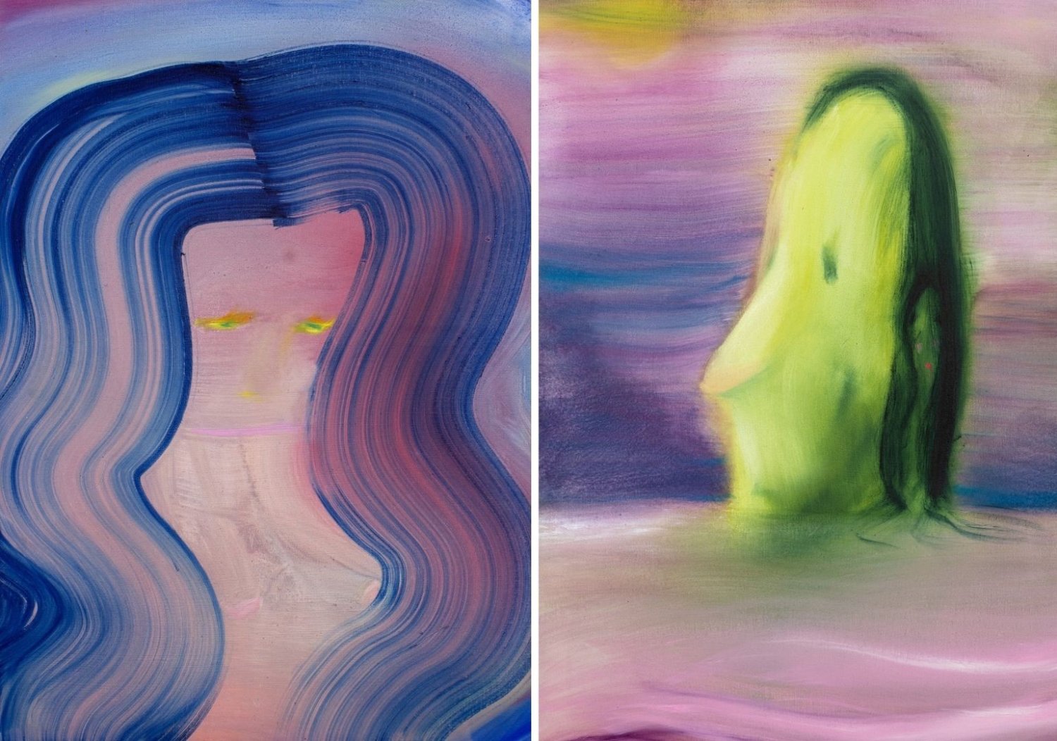 Farbenfrohe Bildkompositionen von Aneta Kajzer mit figürlichen Elementen, wie Gesichtern, Haaren, Augen und Mund