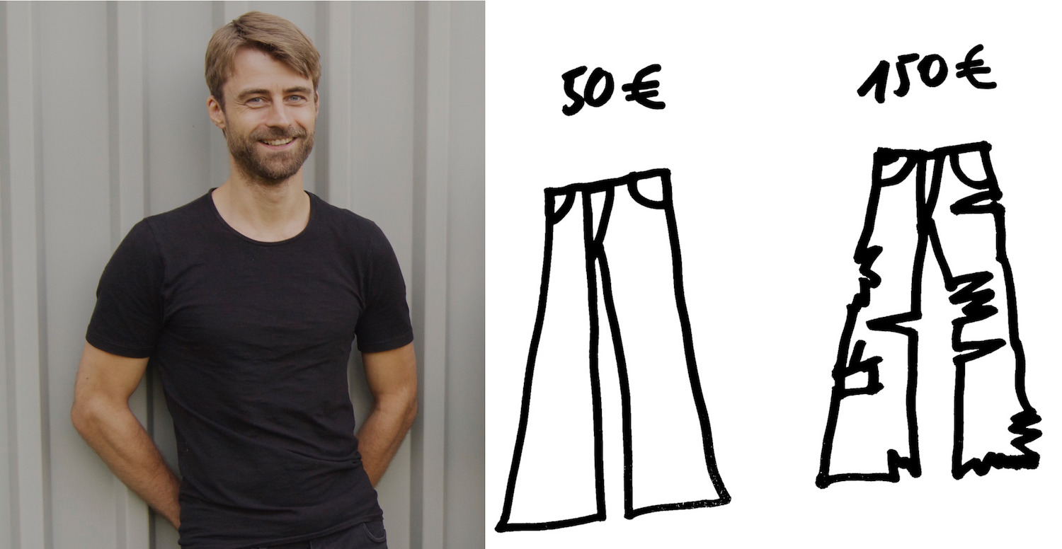 Links ein Porträt von Kurator Klaus Speidel, er lacht. Rechts eine Zeichnung von zwei Hosen, die linke ist heile und kostet 50 Euro, die rechte ist kaputt und kostet 150 Euro.