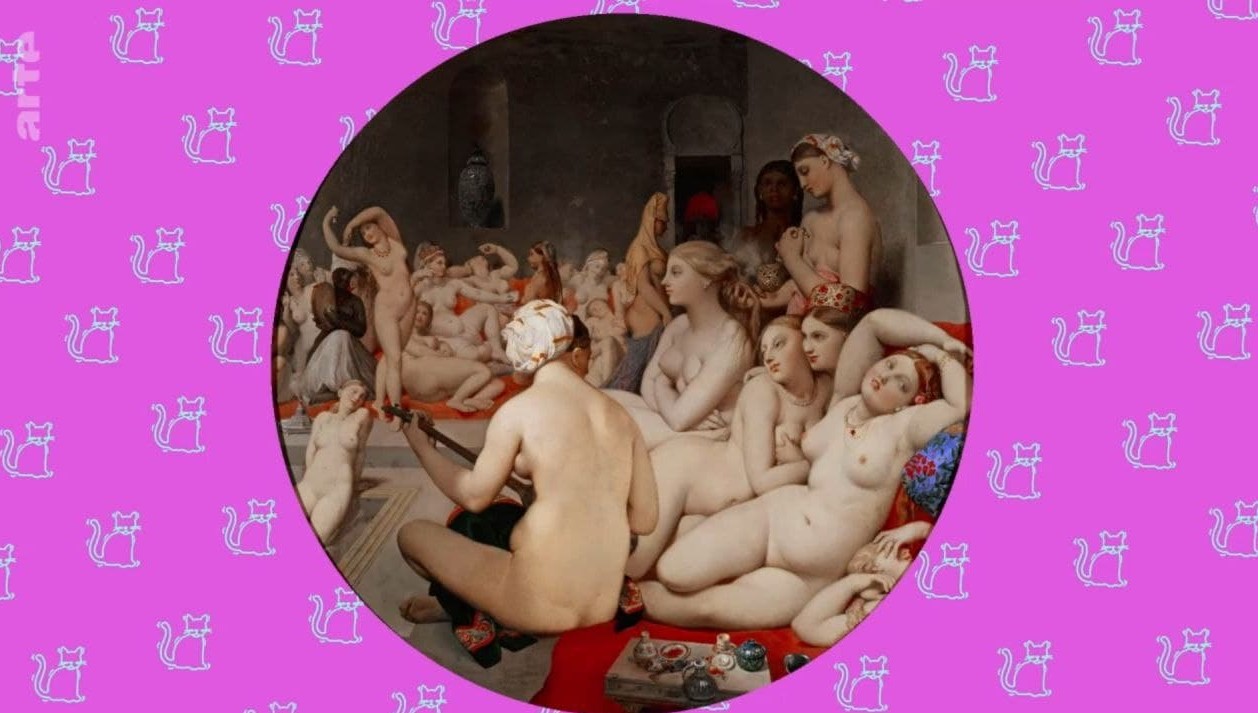 Screenshot aus der Video-Serie "Bitte nicht anfassen!" über ARTE, man sieht ein Gemälde mit vielen nackten Frauen, das pink und von kleinen Kätzchen eingerahmt wird