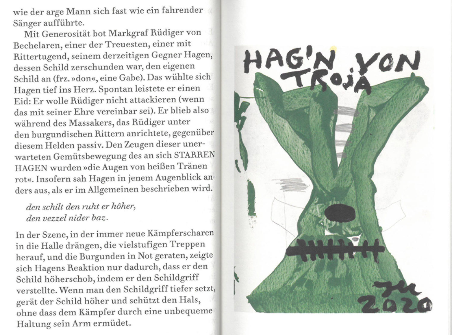 Das Bild zeigt eine Seitenansicht des Buches "Schramme am Himmel. Nachrichten vom Helden Hagen" von Alexander Kluge und Jonathan Meese.