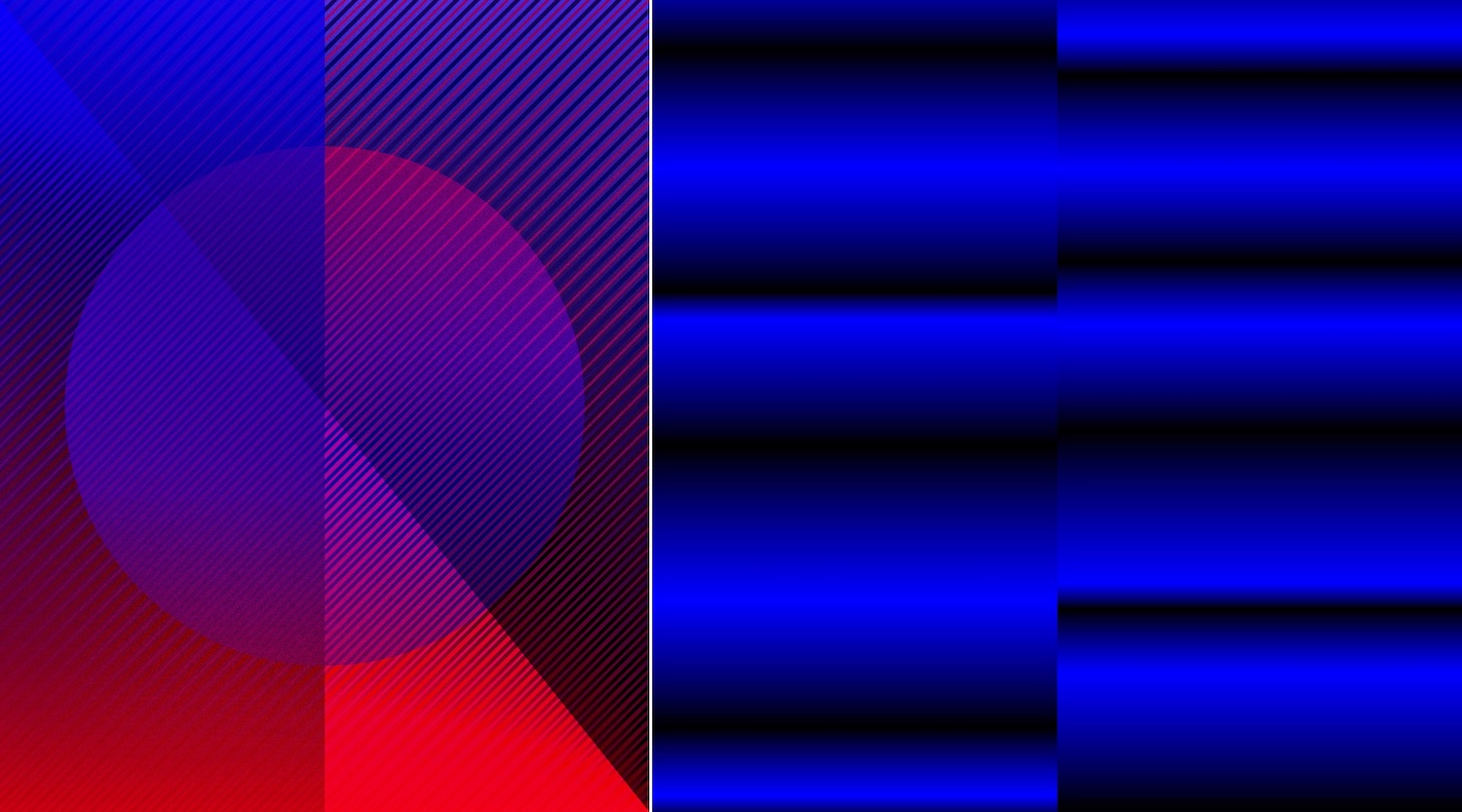 Links eine grafische Arbeit in Rot und Blau von Jonas Lund, rechts eine grafische Arbeit in Blau und Schwarz von Rafael Rozendaal.