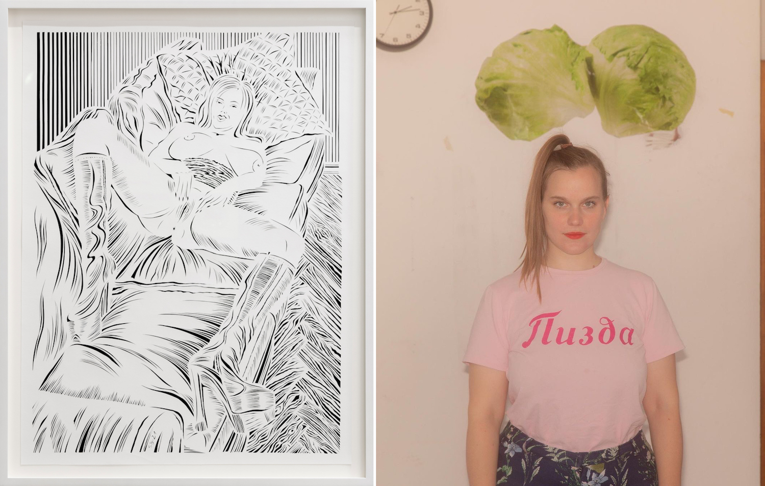 Links: Scherenschnitt von Sonja Yakovleva zeigt masturbierende Frau auf einer Couch. Rechts: Porträt von Sonja Yakovleva in rosafarbenem T-Shirt.
