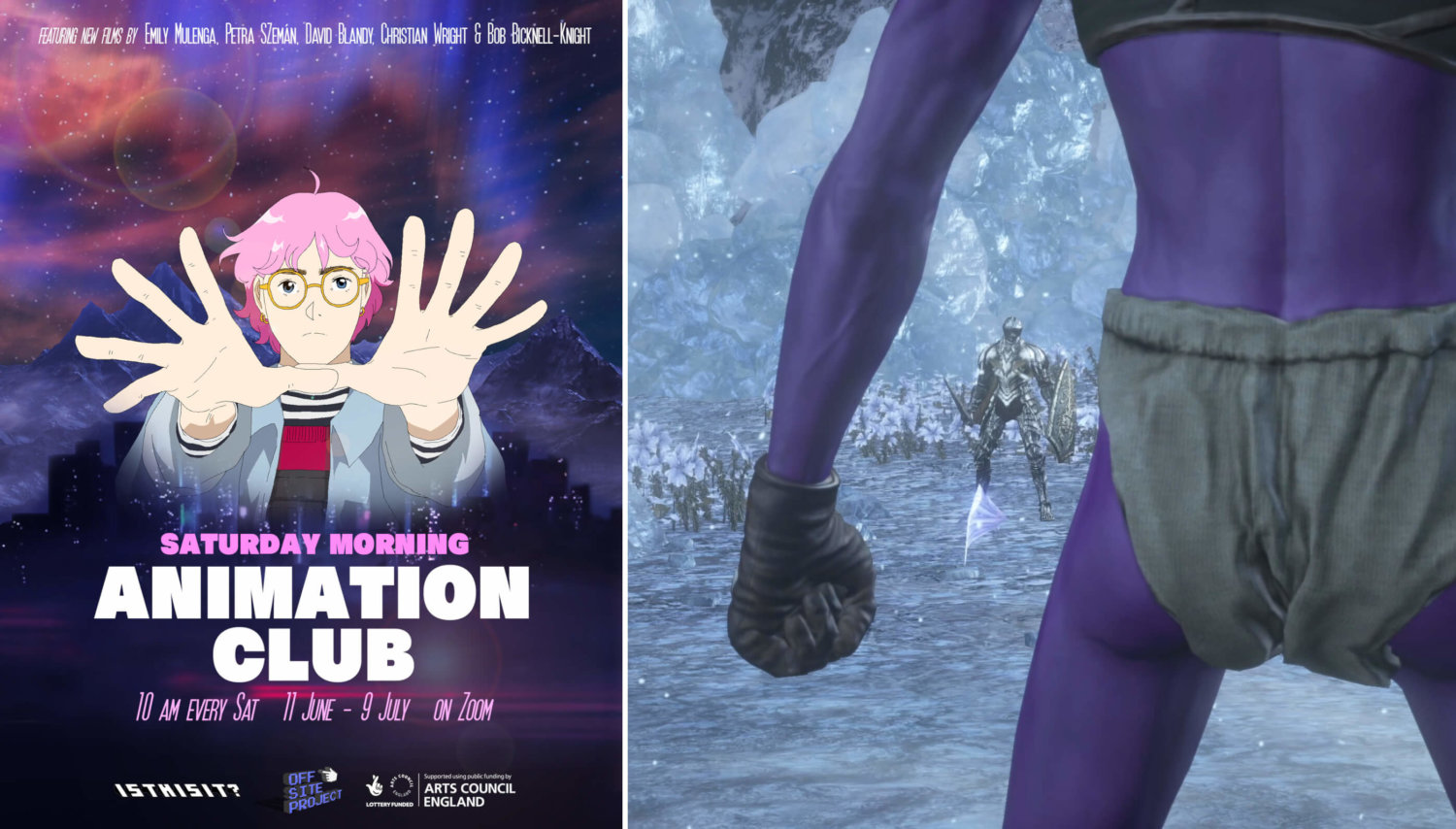 Links eine Art Kinoposter für den Saturday Morning Animation Club mit einer Anime-Figur von Petra Szemán, die die Hände ausstreckt. Rechts ein Still von Christian Wright, es zeigt ein lilafarbenes Wesen die Faust geballt, gegenüber eine Figur in Rüstung.