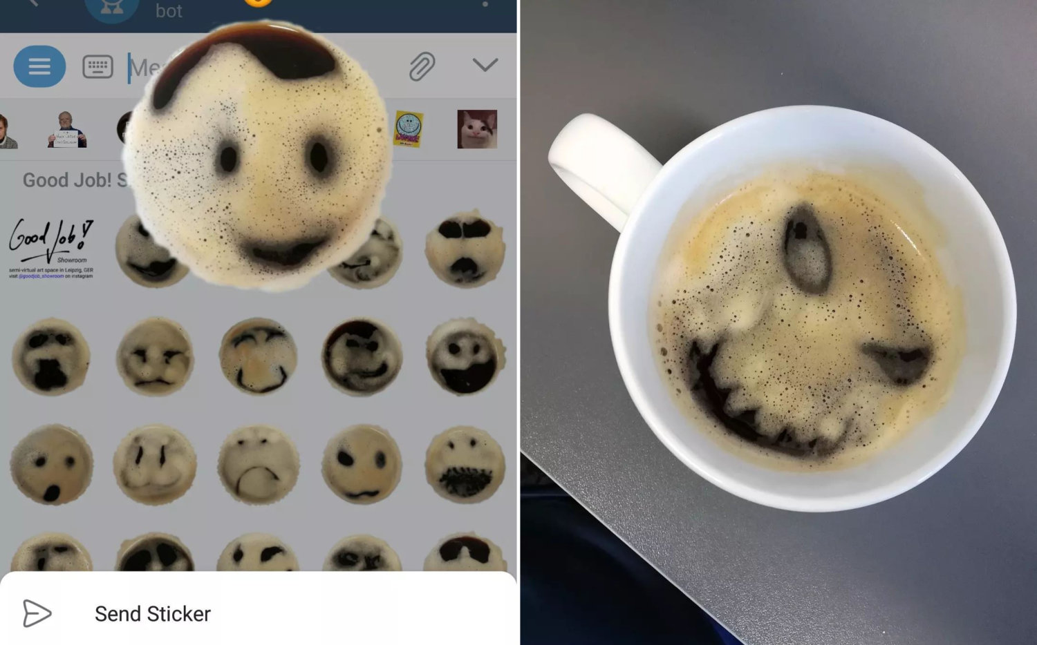 Links das Good Job! Showroom Emoji Stickerset – die Telegram-Oberfläche zeigt mehrere Gesichter in Kaffee. Rechts eine Kaffeetasse mit Gesicht im Schaum.