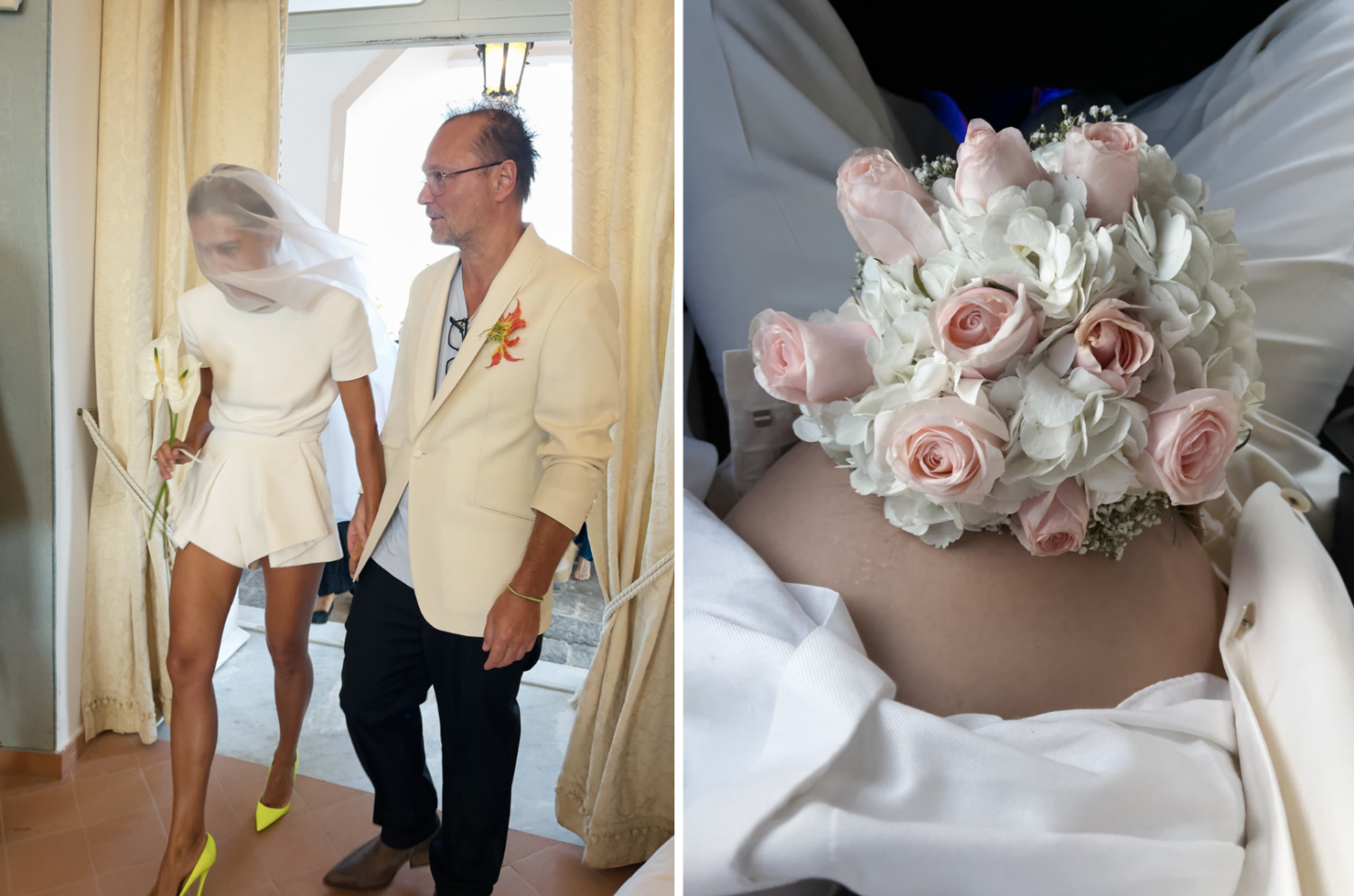 links: Hochzeitsfoto von Juergen Teller und Dovile Drizyte, rechts: ein Blumenstrauß auf einem schwangeren Bauch, weiße Kleidung