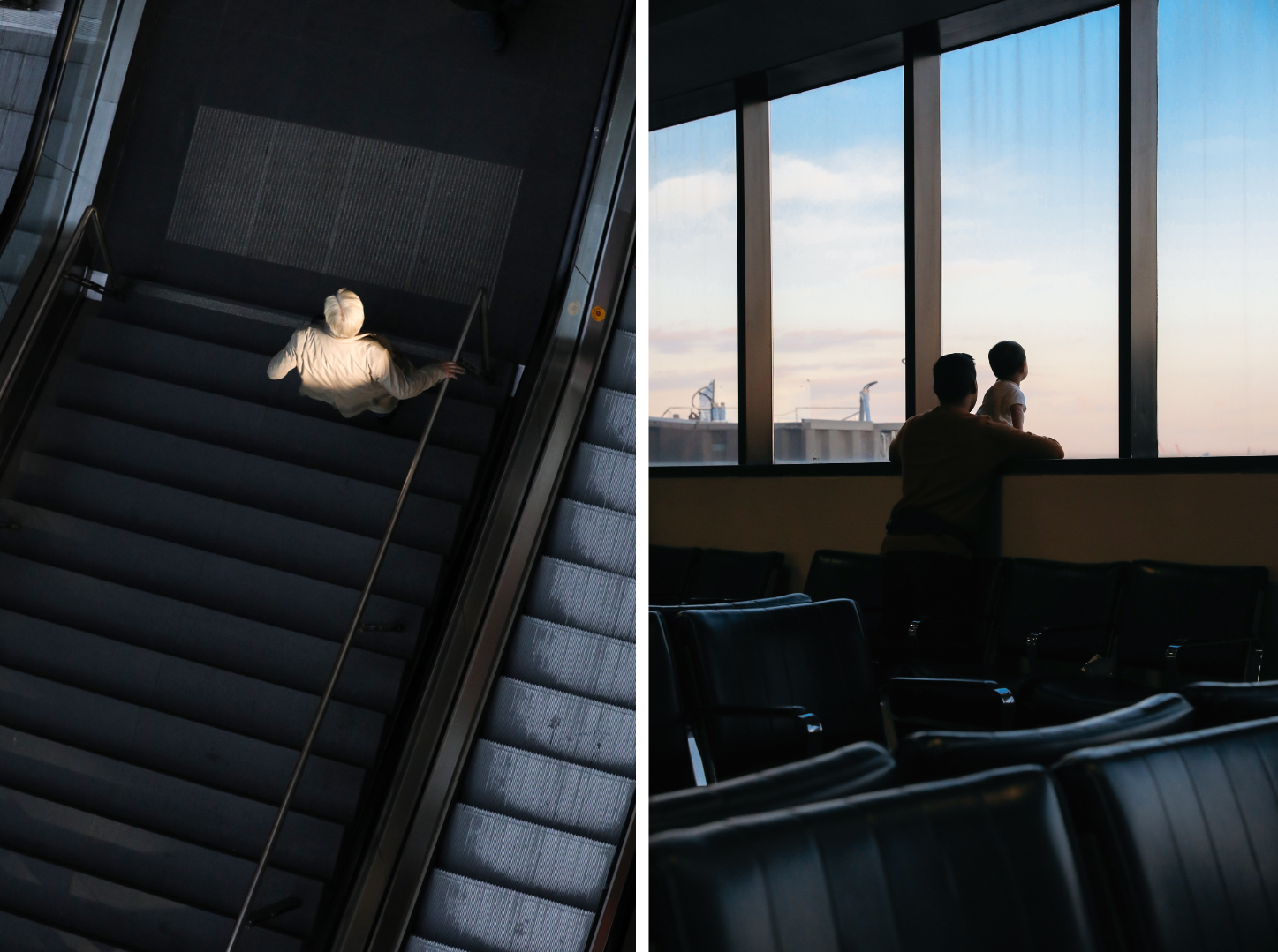 Fotografie rechts: eine Person auf einer Treppe, die neben einer Rolltreppe liegt, Aufnahme von oben an einem Hauptbahnhof, Fotografie rechts: stimmungsvolle Situation an einem Flughafen, ein Mann schaut mit seinem kleinen Kind aus den Fenstern, wo der Himmel hellt leuchtet