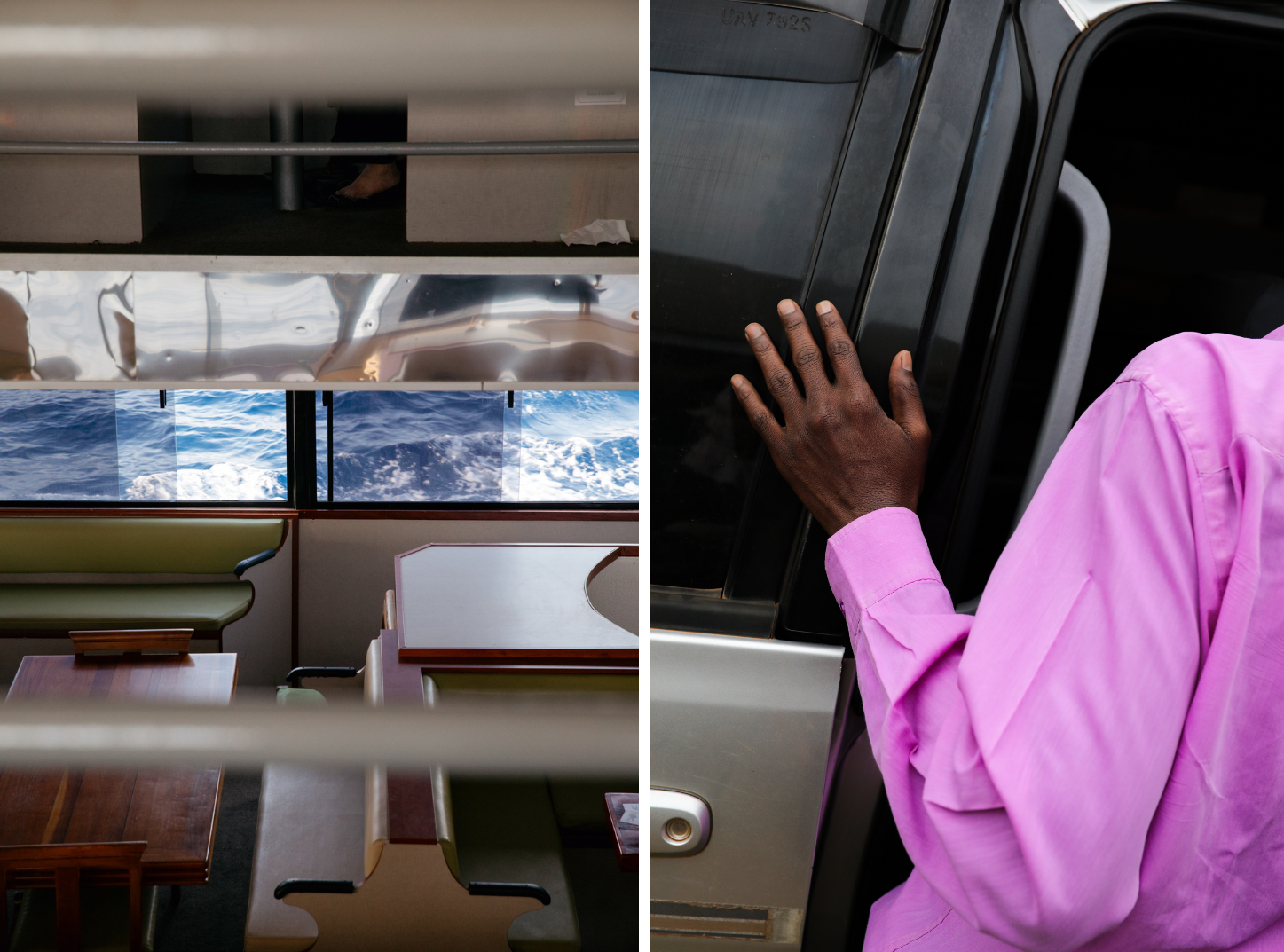 Fotografie links: kleiner Ausschnitt aus dem Innenraum eines Schiffs, man sieht Wasser, Fotografie rechts: Detailaufnahme eines Menschen von hinten mit dunkler Haut und einem pinken Hemd, die Hand ist abgelegt