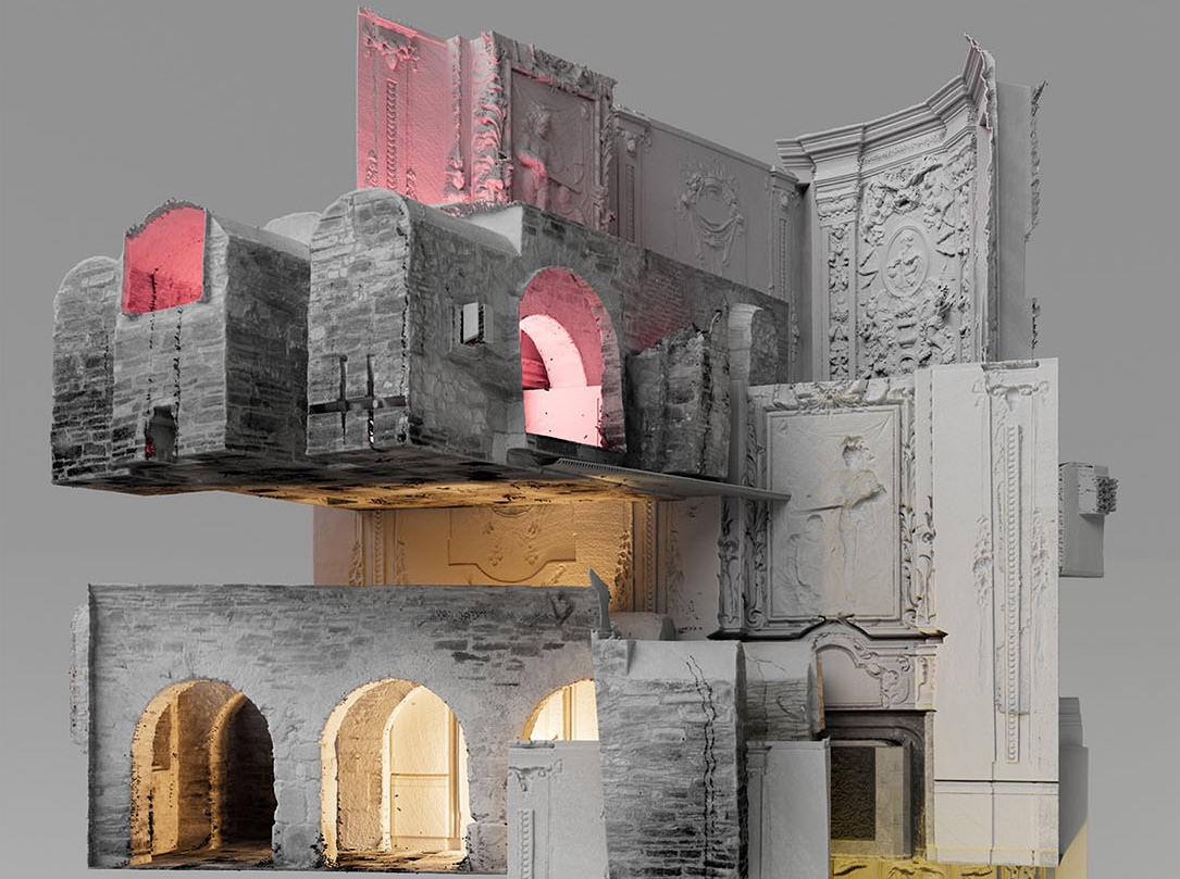 Computergenerierte Collage von Gebäudeversatzstücken in Grautönen, Teile sind durchflutet mit gelbem beziehungsweise rosafarbenem Licht.