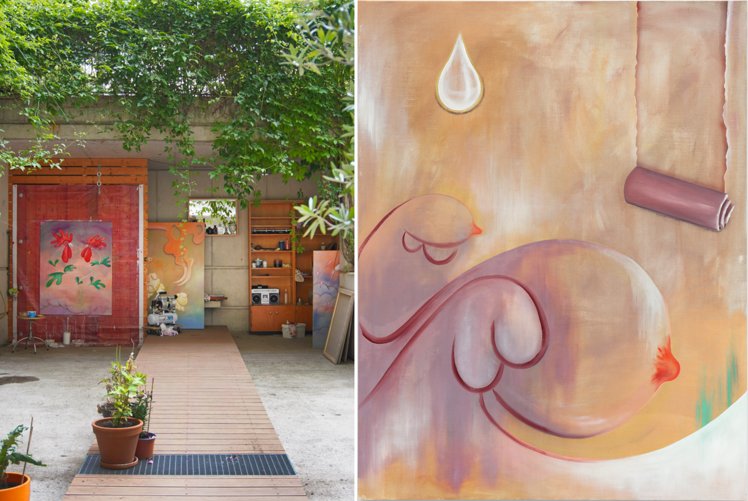 Links der Blick ins Outdoor-Studio von Jagoda Bednarsky, rechts eine Malerei in Pfirsich- und Beerentönen.