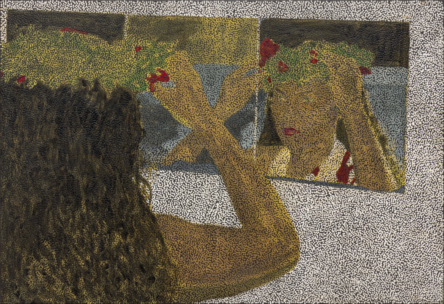 Gemälde des australischen Künstlers Daniel Boyd, dass eine Frau vor eine Spiegel zeigt, die sich einen Blumenkranz auf den Kopf setzt.